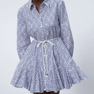 Zara - Long Sleeve Printed Dress With Belt - Blue and White - Small